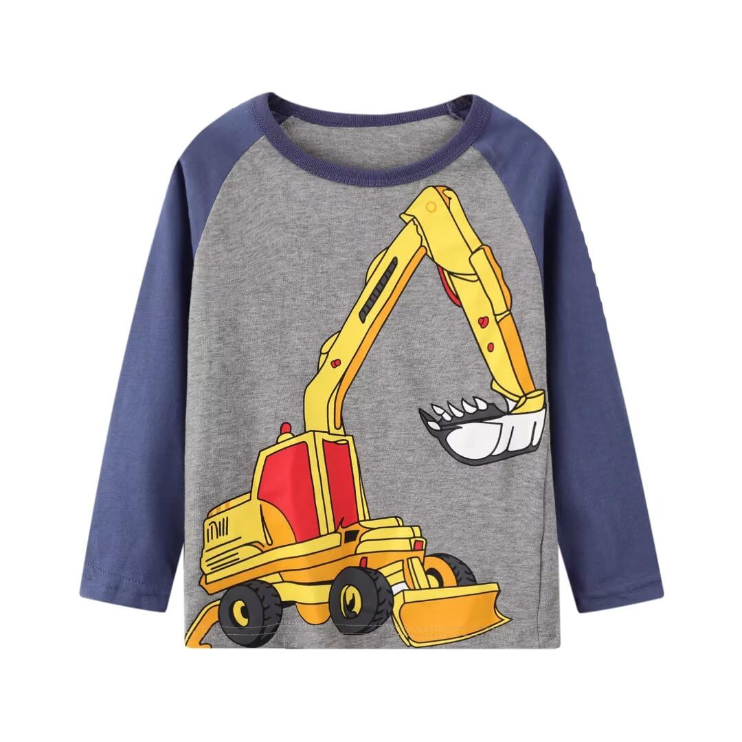 BIBNice 4T Boys Clothes Toddler Long Sleeve T-Shirt Kids Fall Cotton Autumn Top 3 Packs Dinosaur Plane Excavator Size 4