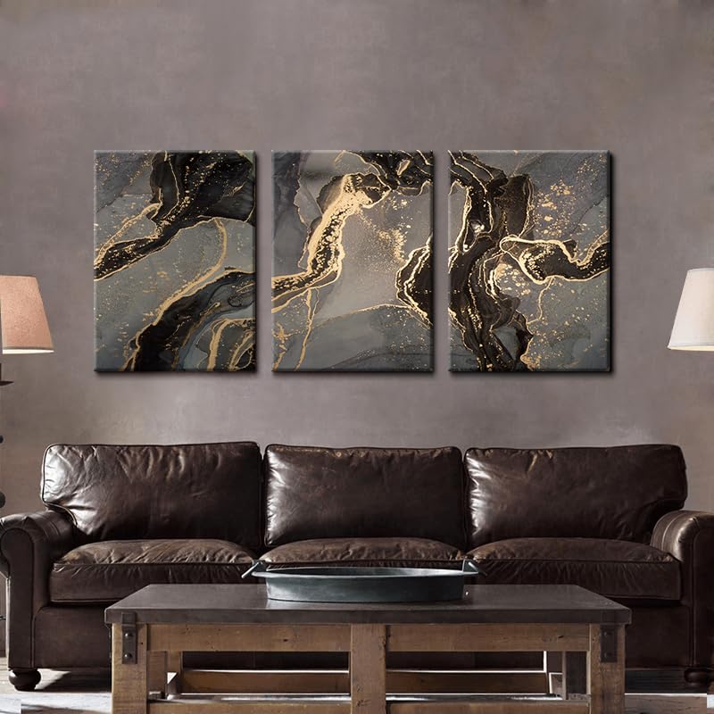 3Pcs Framed Abstract Black and Gold Canvas Wall Art Modern Marble Texture Pictures Posters Prints Artwork Abstract Gold Wall Decor for Living Room Bedroom Office bathroom Ready to Hang16x24inx3