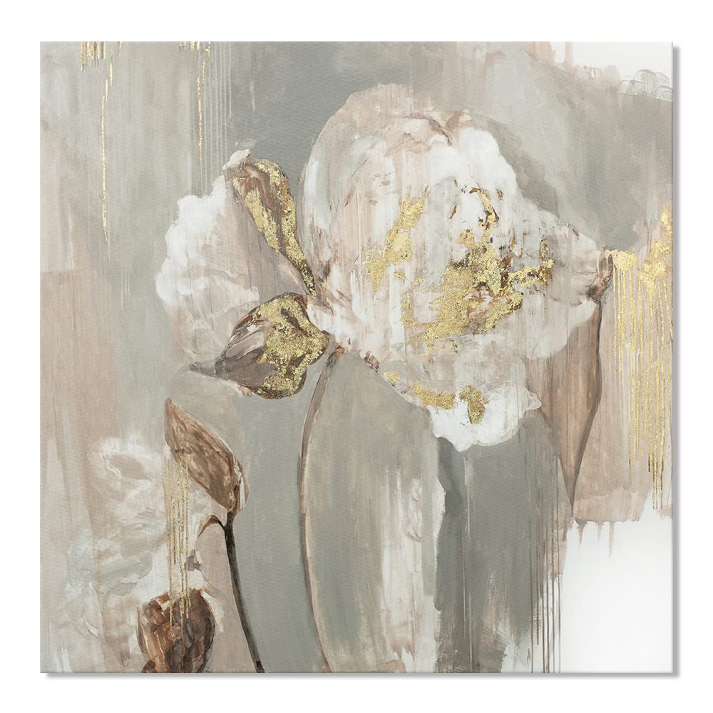 Goldfoilart Floral Wall Art Gold Pictures of White Flower Canvas with Gold Foil Embellishment Paintings Textured Poster Framed Artwork for Living Room Bedroom Office Decorations 24