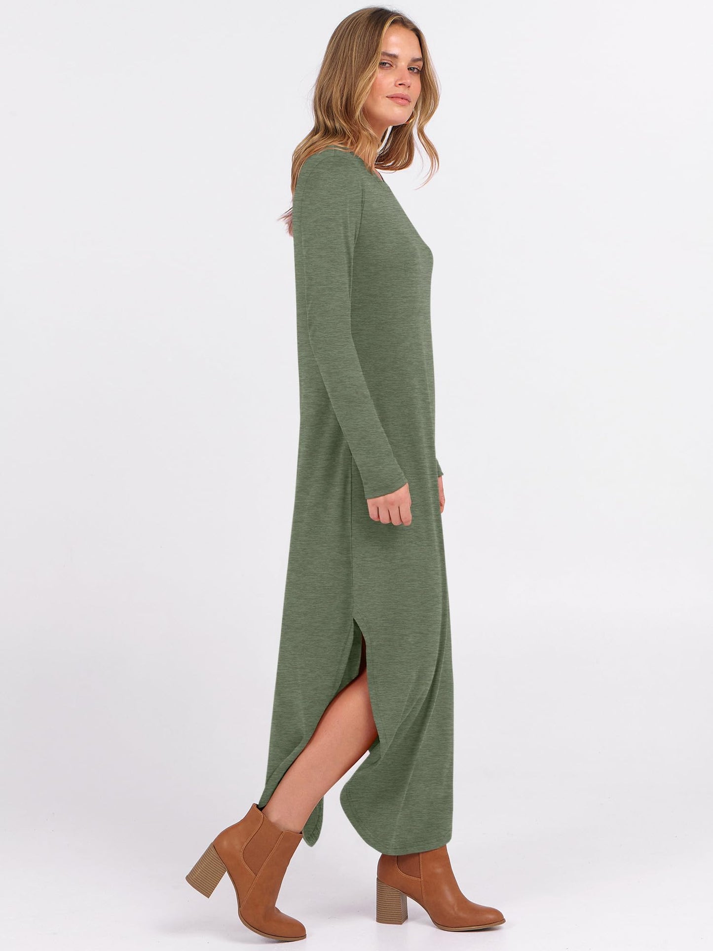 ANRABESS Women's Long Sleeve Maxi Dresses 2025 Fall Outfits Casual Loose Split Travel Vacation T Shirt Dress with Pockets Sage Green Large