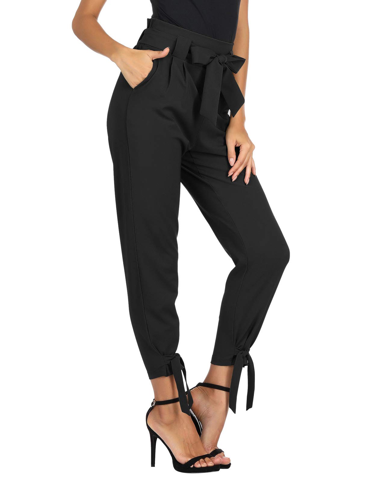 GRACE KARIN Womens Casual Pencil Pants with Pocket High Waisted Bow-Knot Cropped Paper Bag Pants for Work Black M