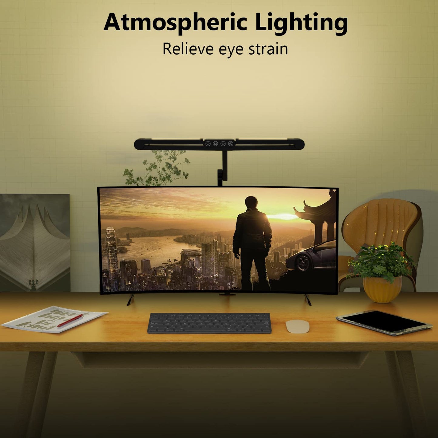 Micomlan Led Desk Lamp with Clamp, Architect Desk Lamp for Home Office with Atmosphere Lighting, 24W Ultra Bright Auto Dimming Desk Light Stepless Dimming and Tempering LED Table Light