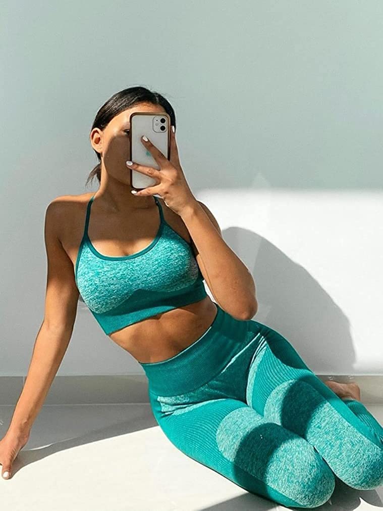 OLCHEE Women’s Workout Sets 2 Piece - Seamless Yoga Leggings and Cross-Strap Sports Bra Gym Outfits Activewear Matching Set - Green Medium