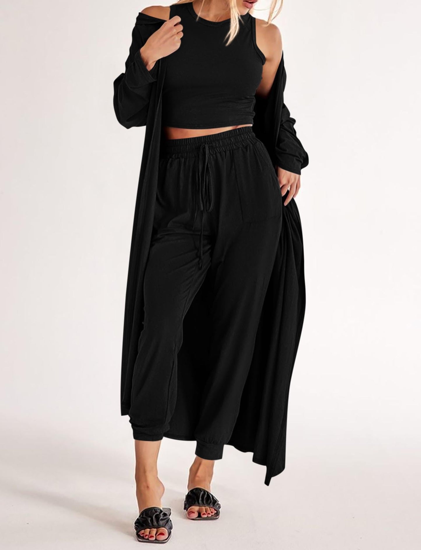 KIRUNDO 3 Piece Lounge Sets for Women Airport Travel Vacation Outfits Spring Cardigan Matching Sleeveless Top Jogger Pants(Black, Large)