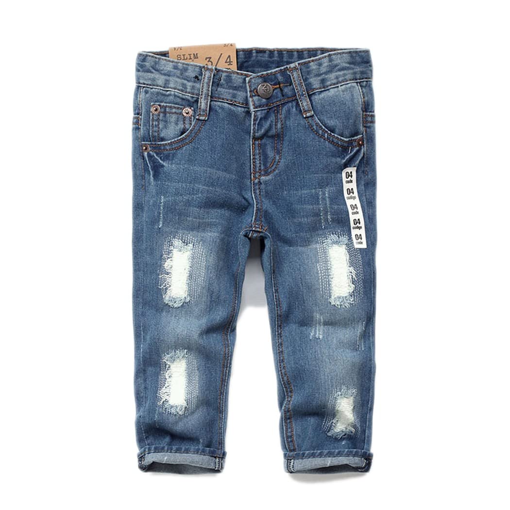 KIDSCOOL SPACE Baby Girl Boy Jean,D Ring Elastic Band Inside Ripped Denim Pants,Light Blue,12-18 Months