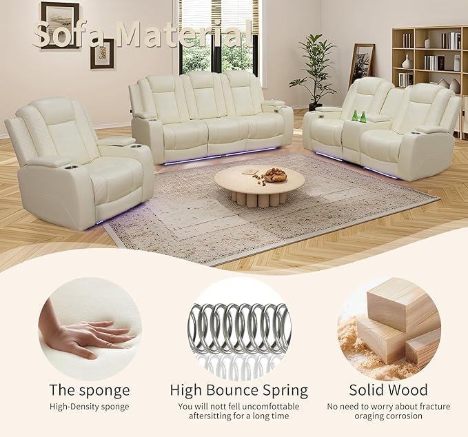 AYCP Furniture Power Recliner Set with LED Lights, Quilted Air Leather Reclining Set with USB Port/Storage/Cup Holder/Reader Light for House/Home Theater/Apt/Rv/Office (Ivory, 3PC Full Set)