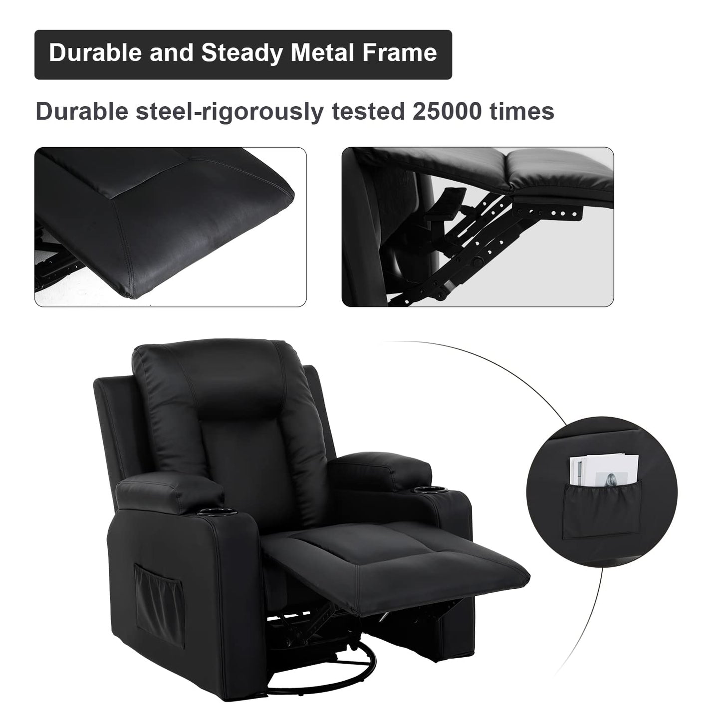COMHOMA Recline Chair Set，Furniture 3PC Bonded Leather Recliner Set Living Room Set, Sofa, Recline Chair with massger(Black,Living Room Set 3)