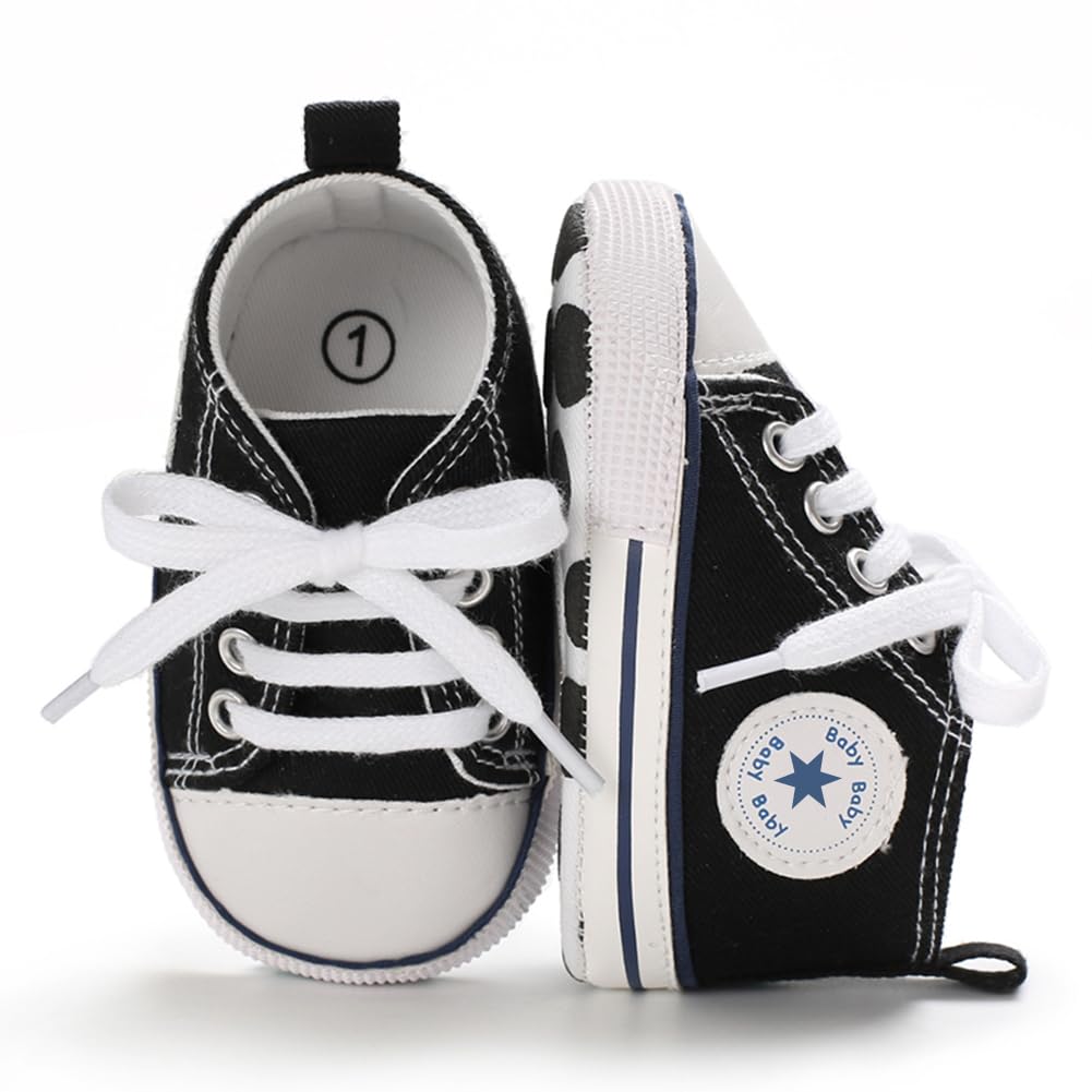 xioqen Unisex Baby Boys Girls Shoes, Newborn Infant Non-Slip Canvas Denim High Top Sneakers, Toddler First Walkers Shoes(01/Black, 0-6 Months