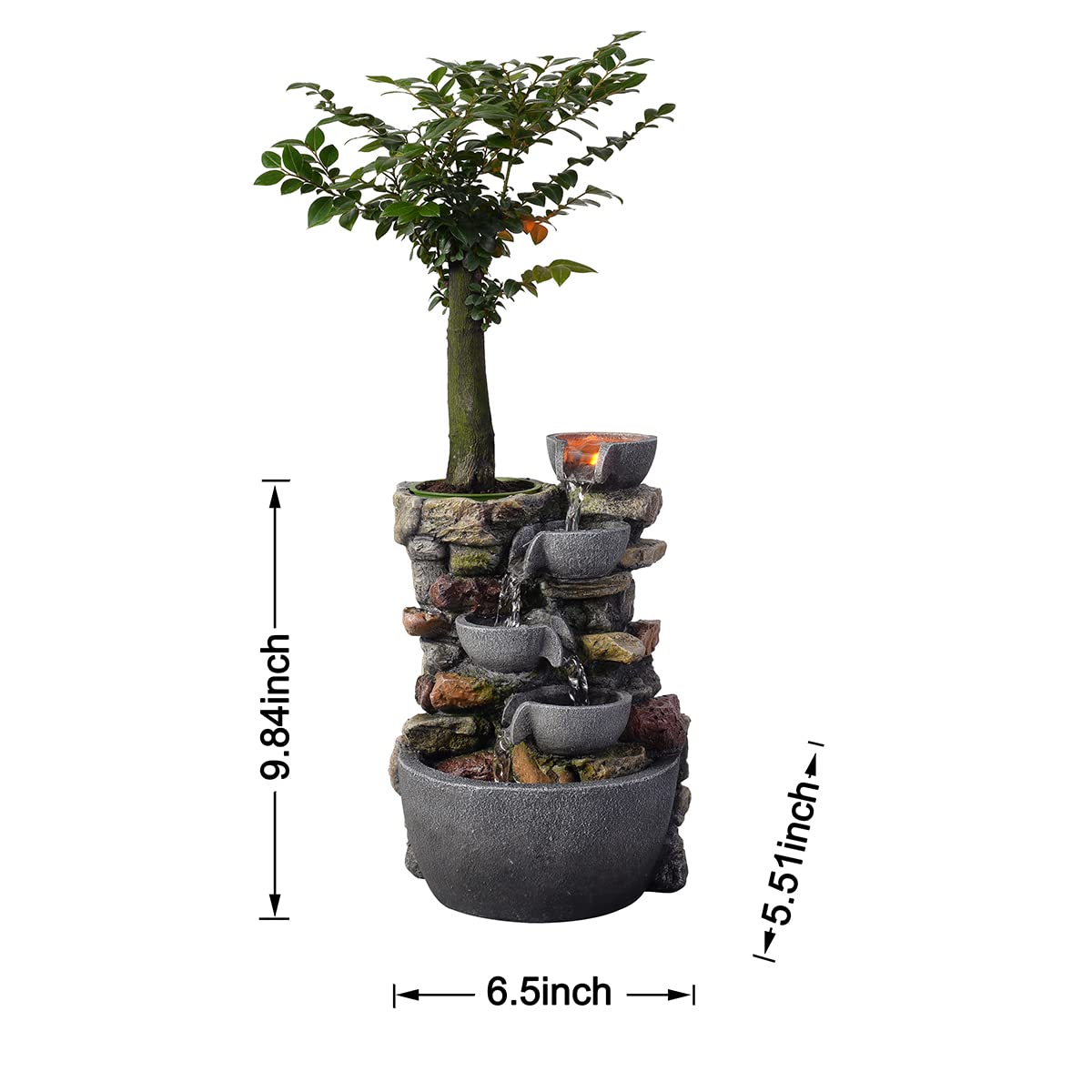 Haobos Indoor Fountain 4-Bowl Rockery Soothing Sound Tabletop Fountains Home/Office Decor Gift for Mom with A Small Plastic Pot to Grow Plant/Hebs by Yourself (Automatic Watering for Tanks/Aquarium)