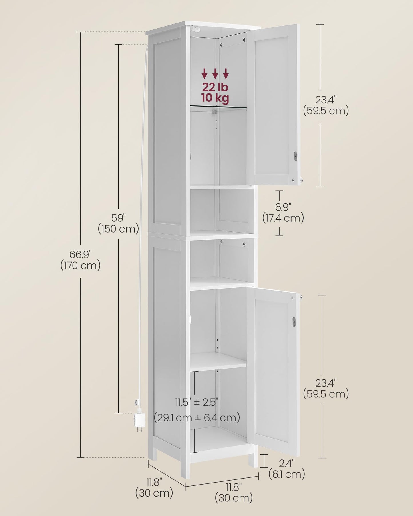 VASAGLE Tall Bathroom Cabinet with Lights, Slim Bathroom Storage Cabinet, Freestanding Narrow Cabinet with Adjustable Shelves, Open compartments, for Small Spaces, Modern, Cloud White UBBC566W02