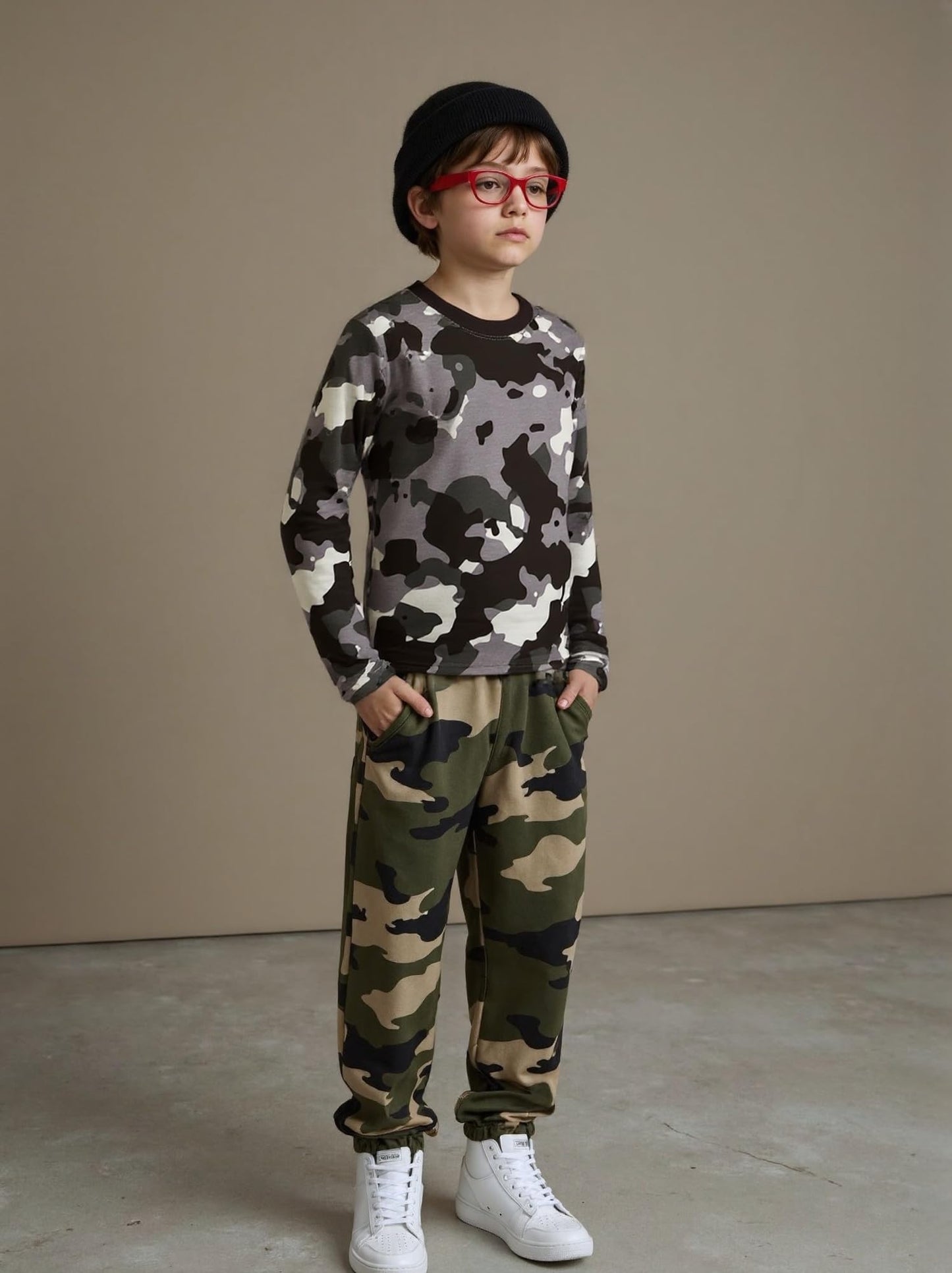 Cadidi Dinos Big Boy's Camo Pattern T-Shirt, Camouflage Long Sleeve Pullover Tops Tees Shirts Cotton Casual Crewneck Print T-Shirts 3 Packs Size 10-11 Years