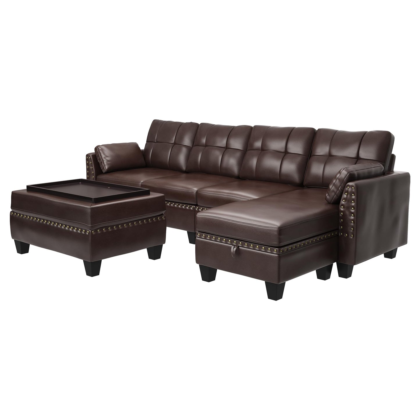 HONBAY Brown Leather Sectional Sofa with Ottoman - Easy Assembly, Storage Space
