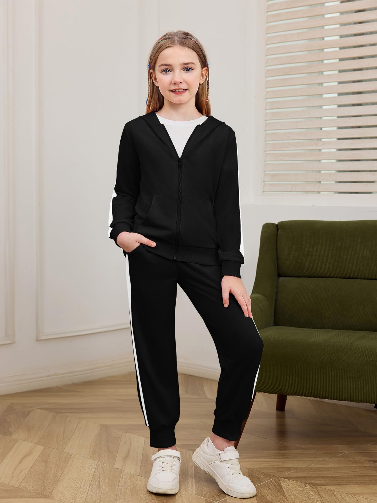 Haloumoning Girls 2 Piece Outfits Sweatsuit Kids Athletic Zip Up Hoodie and Sweatpants Clothing Sets 5-14Y