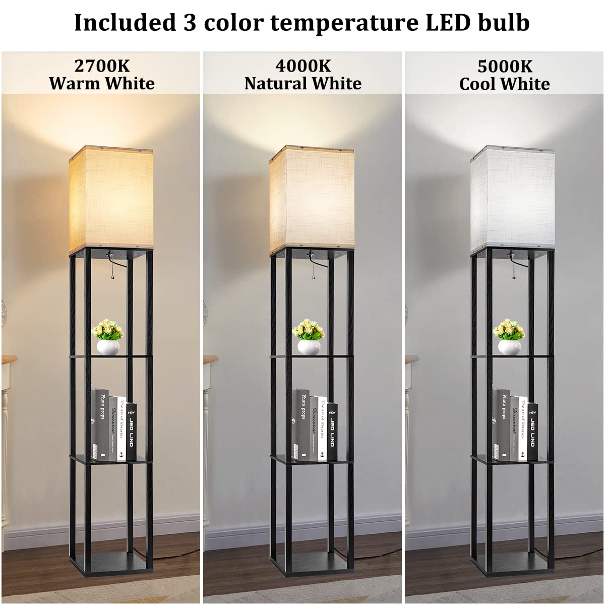 Dott Arts Floor Lamp with Shelves, Shelf Lamps with 3 Color Temperature LED Bulb,Storage Wood Texture Modern, Display Standing Lamp for Living Room,Office, Bedroom