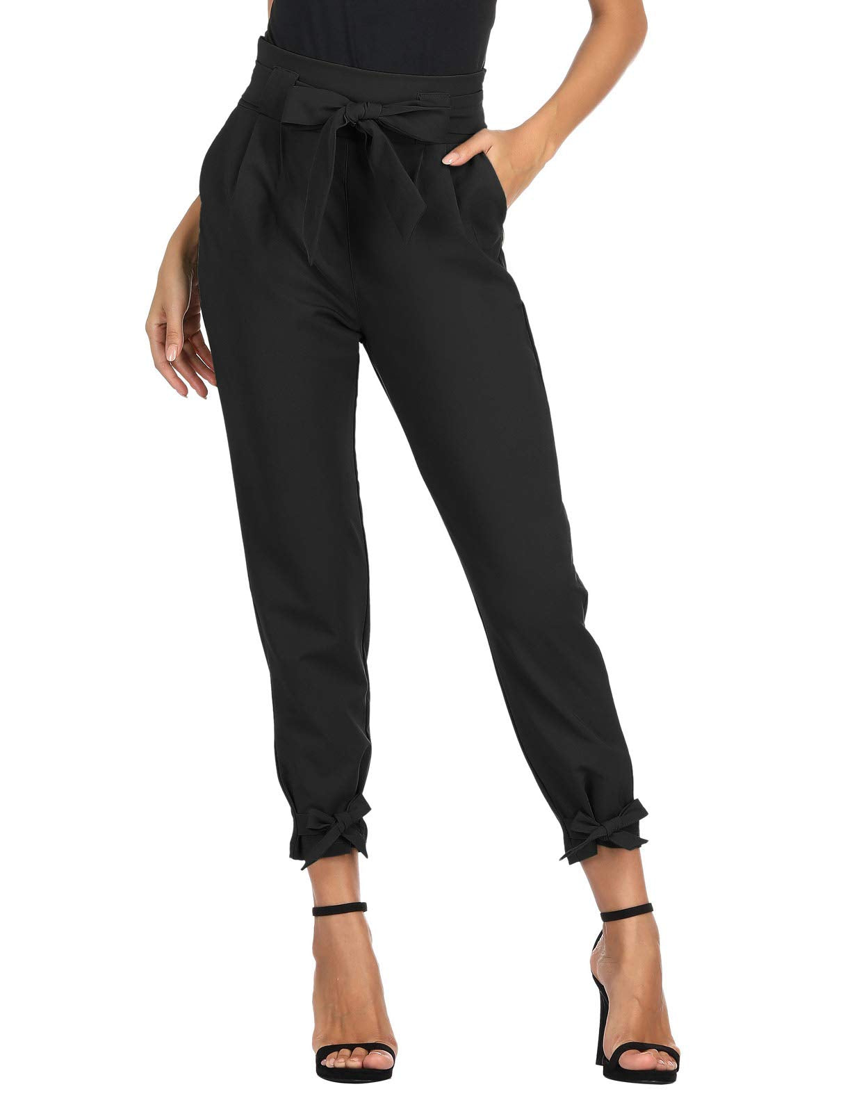 GRACE KARIN Womens Casual Pencil Pants with Pocket High Waisted Bow-Knot Cropped Paper Bag Pants for Work Black M