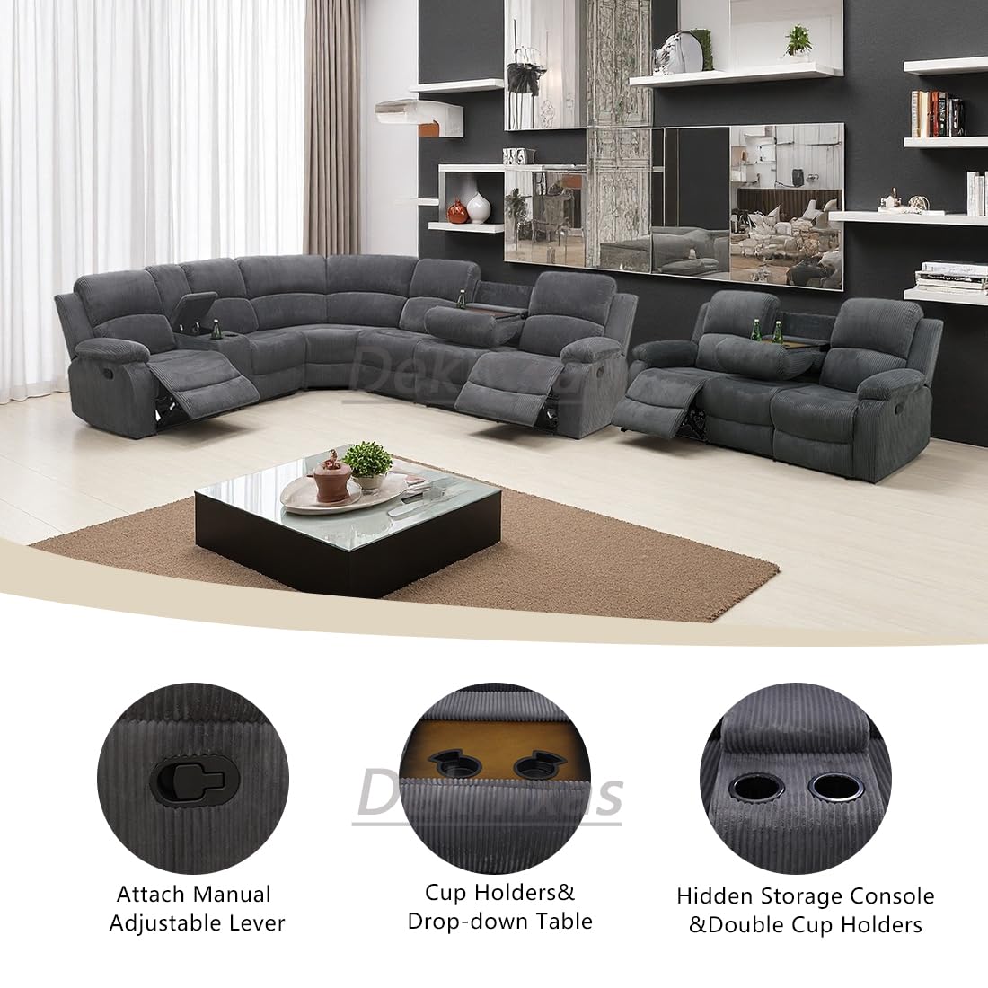 Dekmxas Living Room Furniture Sets, Recliner Sectional Sofa with Cup Holders, Grey Corduroy Reclining Sectional Sofa Set with Drop-Down Table, Storage Console for Living Room, Bedroom, Apartment