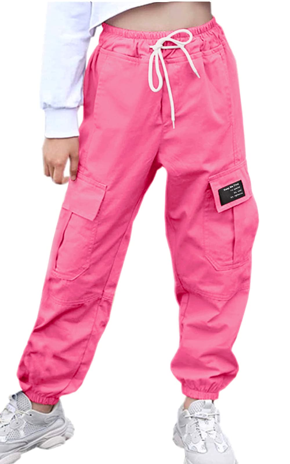 AOWKULAE Women Cargo Pants, Tapered Joggers Drawstring Elastic Waist Loose Pants with Pockets for Women, Rose Pink, Size US Large
