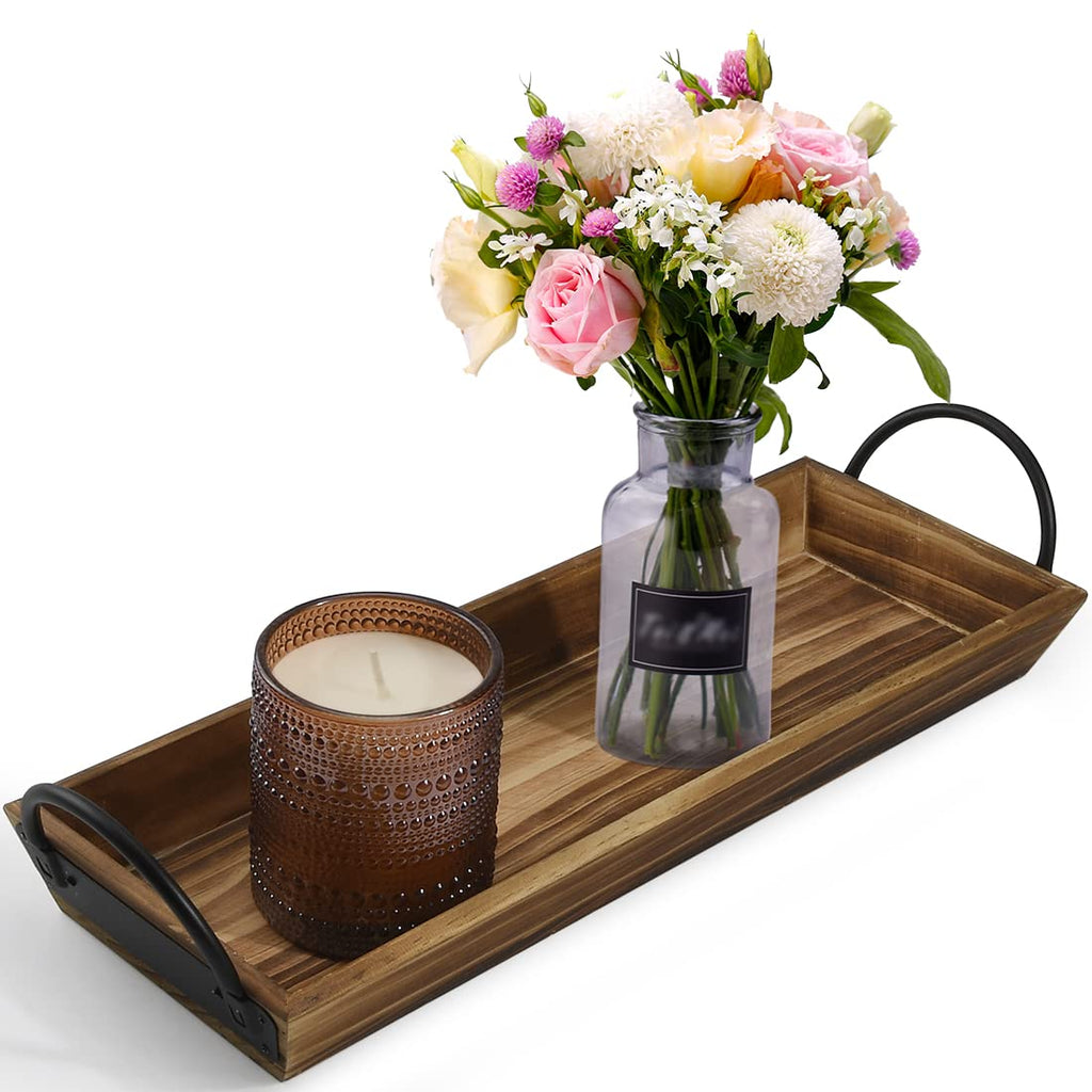 Aglary Wooden Candle Tray, Pillar Candle Holder with Black Metal Handles, Rectangular Centerpiece for Rustic Dining Table,Home Decor Accessories for Kitchen Counter，Coffee Table, Fireplace