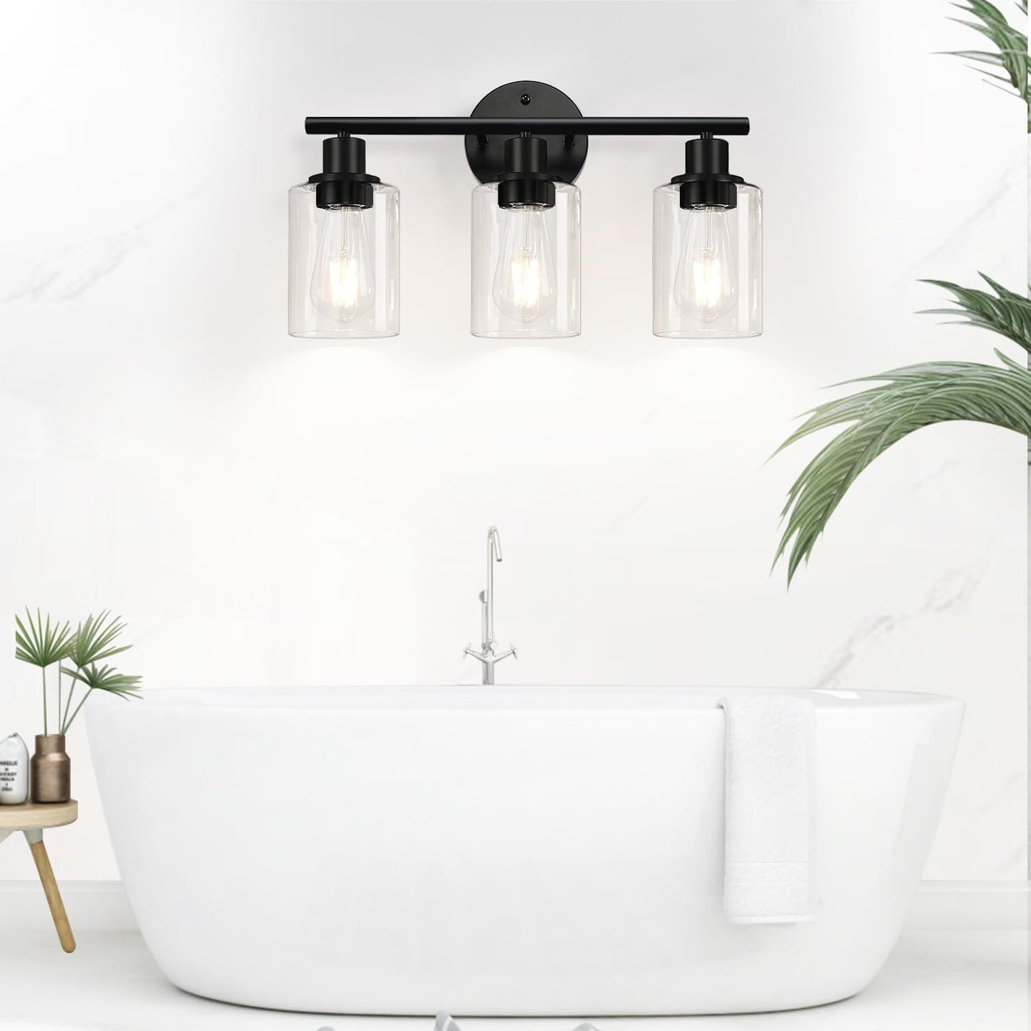 Zarbitta 3-Light Bathroom Light Fixtures, Black Modern Vanity Lights with Clear Glass Shade, Bathroom Wall Lamp for Mirror Kitchen Living Room Hallway Cabinet Porch