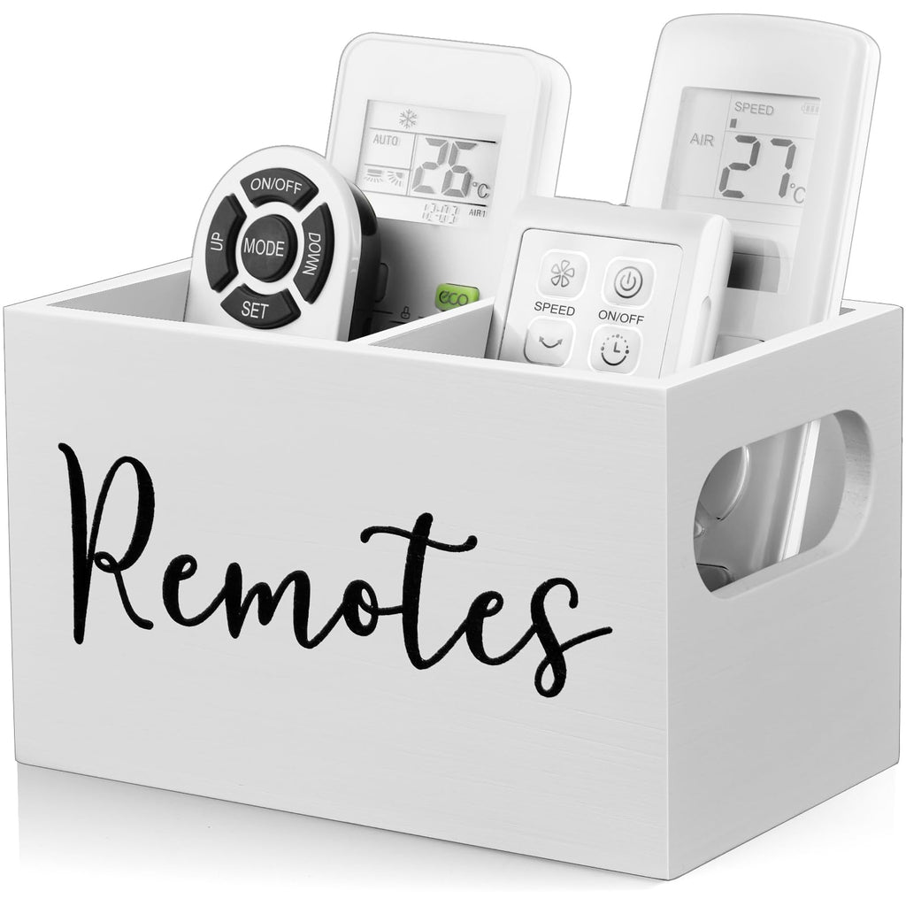 DRASTAR Remote Control Holder, TV Remote Holder, Remote Organizer Caddy for Table, Wooden Remote Box for Nightstand, Bedside Caddy, White