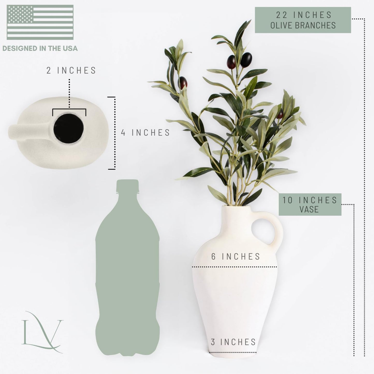 Laurel and Vine Matte Textured 10 Inch Tall White Vase Including 22 Inch Olive Branches for Vases, Medium Artificial Topiaries Fake Plants, Minimalist Shelf Decor, Neutral Home Office Desk Room Decor