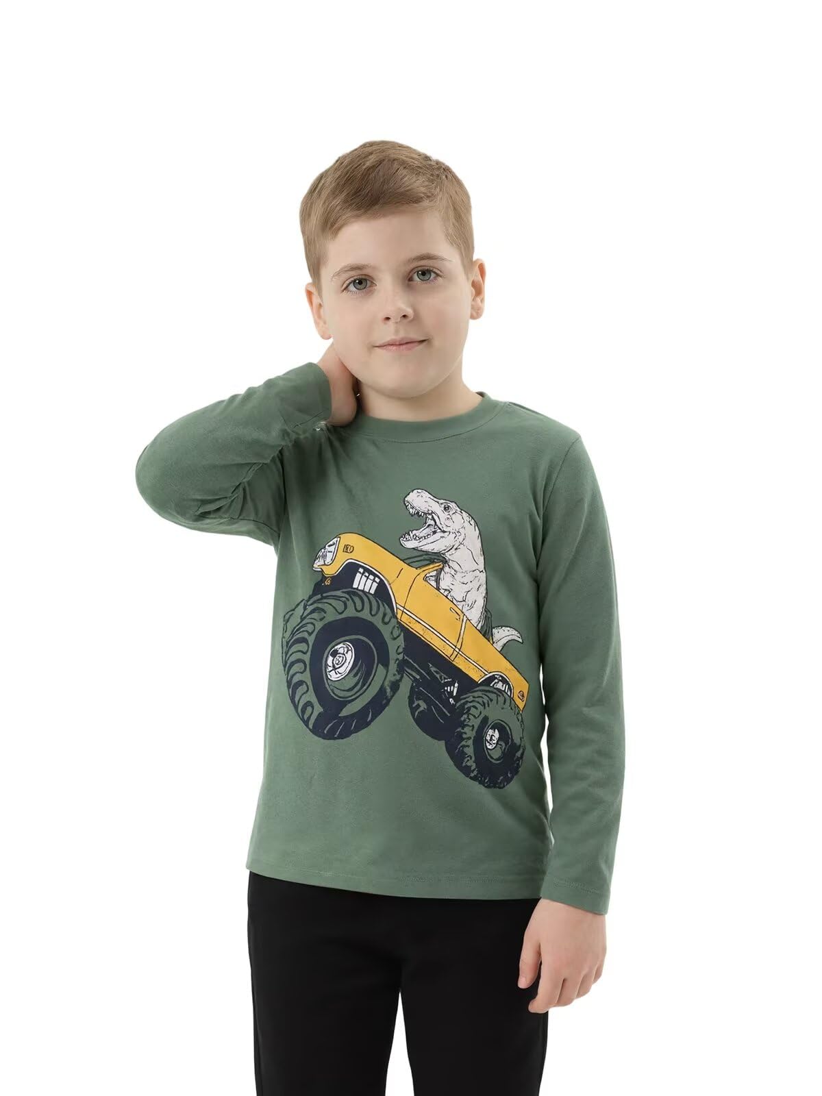 Lollisy Boys Long Sleeve Tshirts Casual Cotton Shirts Graphic Crewneck Tops Tee Shirts for Boys 3 Pack Dinos Car Size 6/6T
