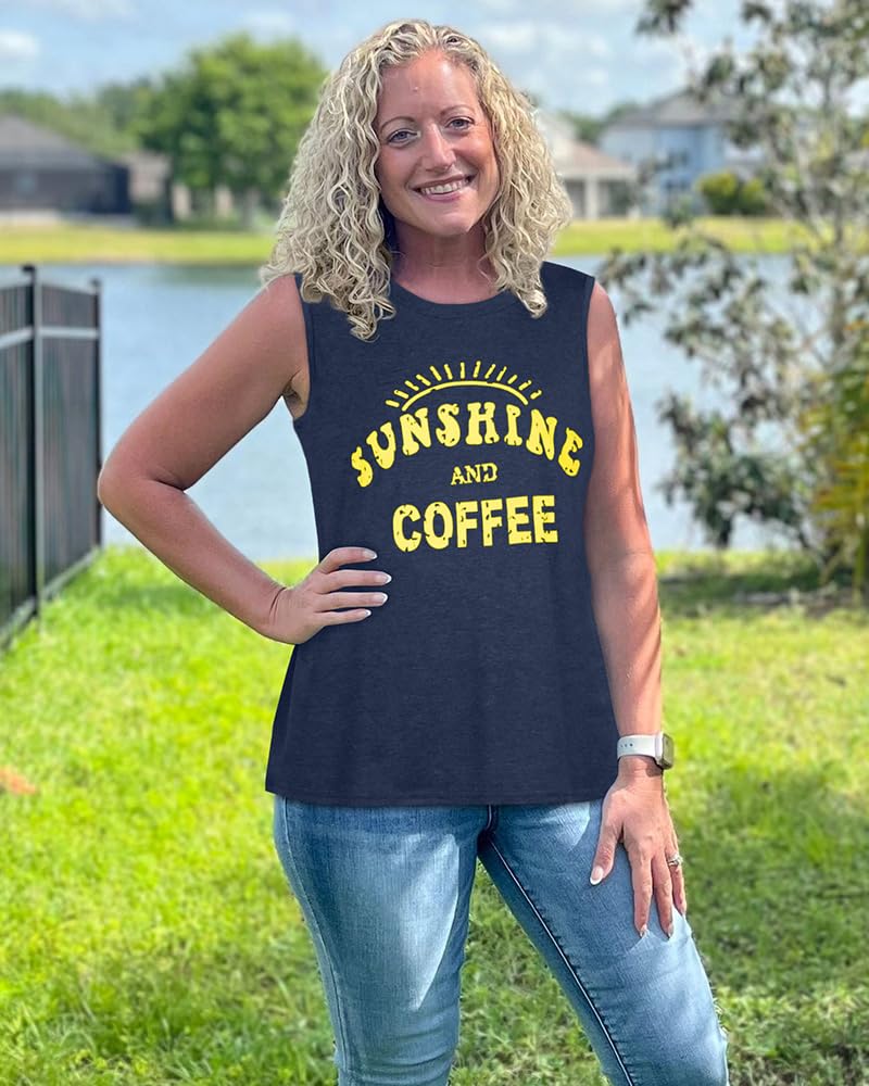 rosemia Tank Tops for Women Summer Sunshine and Coffee Graphic T-Shirts Sleeveless Casual Ladies Loose Tunic Blouse(Sunshine Deep Blue, L)