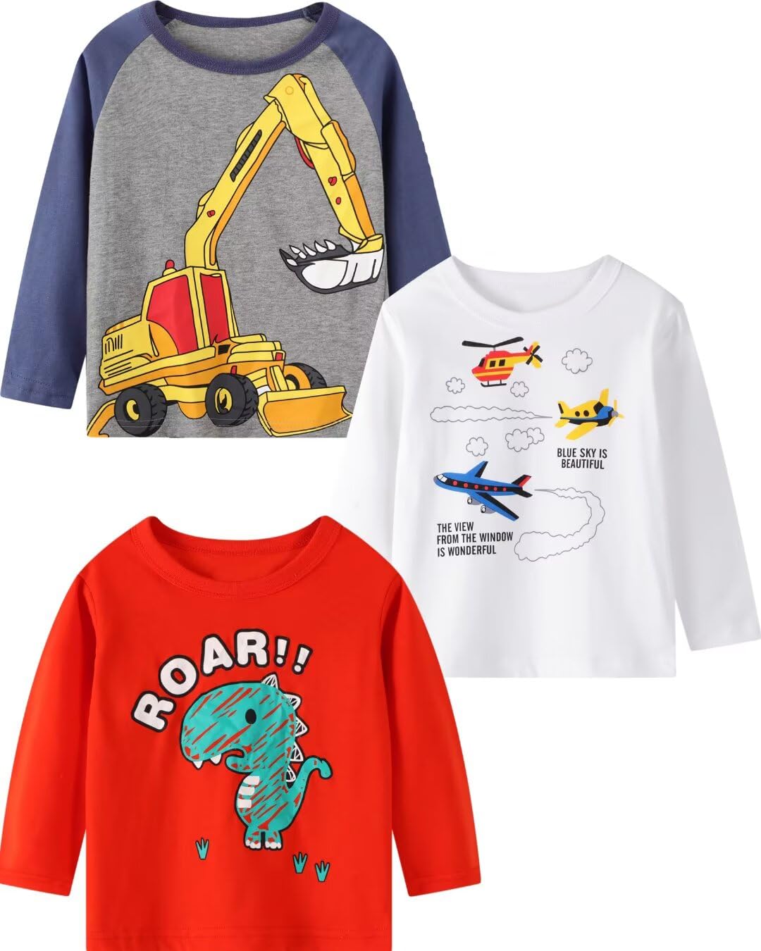 BIBNice 4T Boys Clothes Toddler Long Sleeve T-Shirt Kids Fall Cotton Autumn Top 3 Packs Dinosaur Plane Excavator Size 4