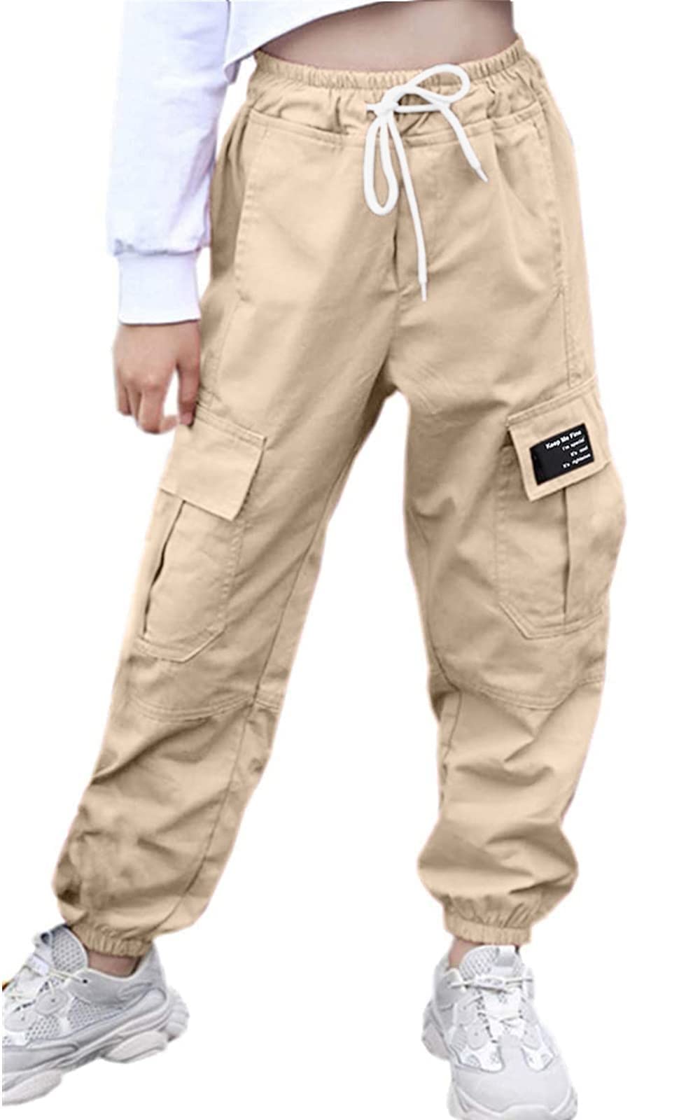 AOWKULAE Women's Cargo Pants, Tapered Joggers Drawstring Elastic Waist Pants with Pockets for Women, Khaki, Large