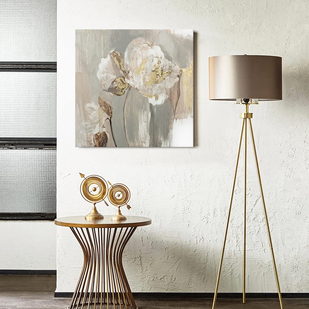 Goldfoilart Floral Wall Art Gold Pictures of White Flower Canvas with Gold Foil Embellishment Paintings Textured Poster Framed Artwork for Living Room Bedroom Office Decorations 24" x 24"