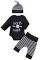 Baby Unisex Worth The Wait Arrow Printed Romper Striped Pant Hat Outfit Clothes (Black, Newborn)