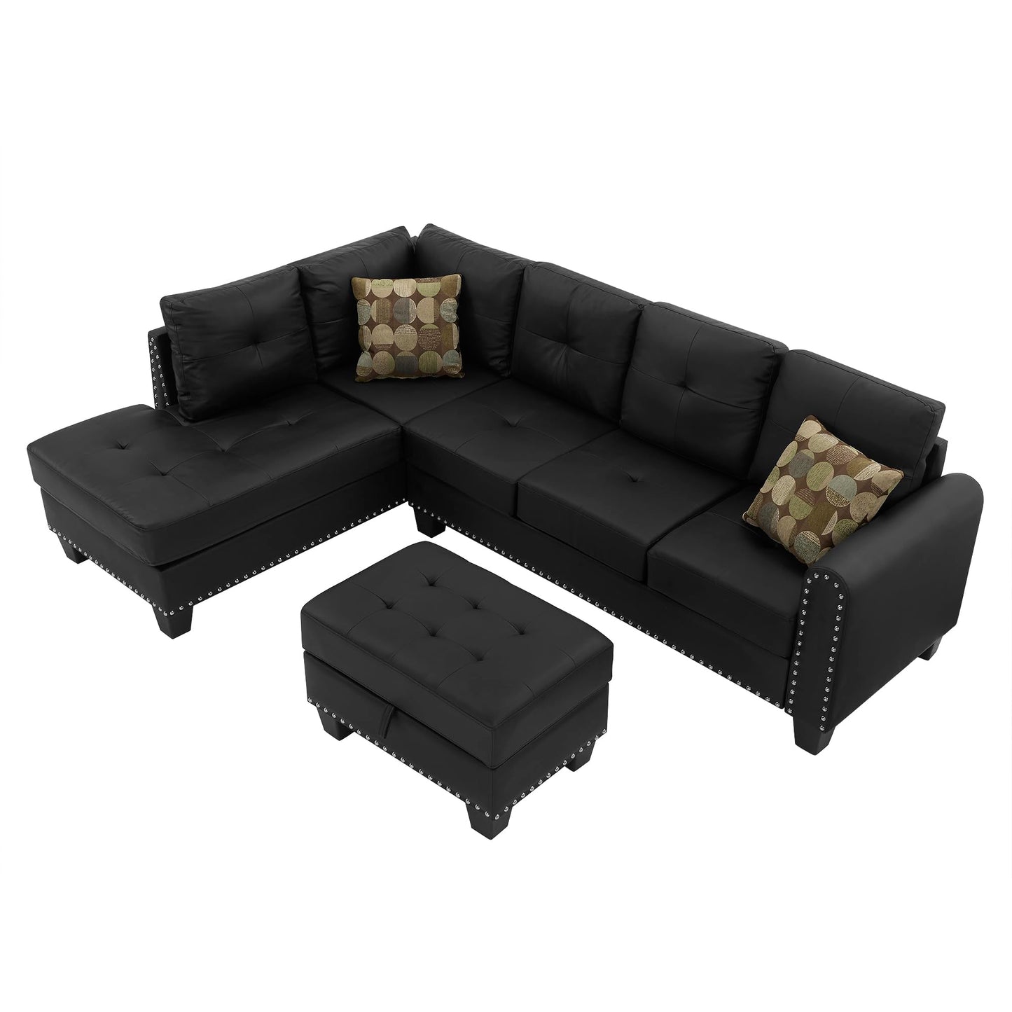 HBRR 3-Piece Sectional Couch Set L Shape 98" Wide Sofa for Living 2 Cup Holders and Storage Ottoman for Home Furniture Room Decor, Black
