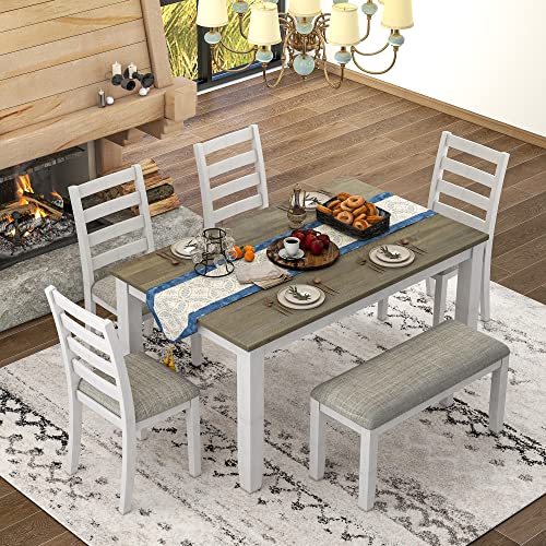 BIADNBZ Rustic 6-Piece Dining Table Set with 4 Ergonomic Designed Upholstered Chairs and Bench for Home, Apartment, DiningRoom, Dinette, Solid Wood Kitchen Furniture, 60 inch, Brown + Whitewash
