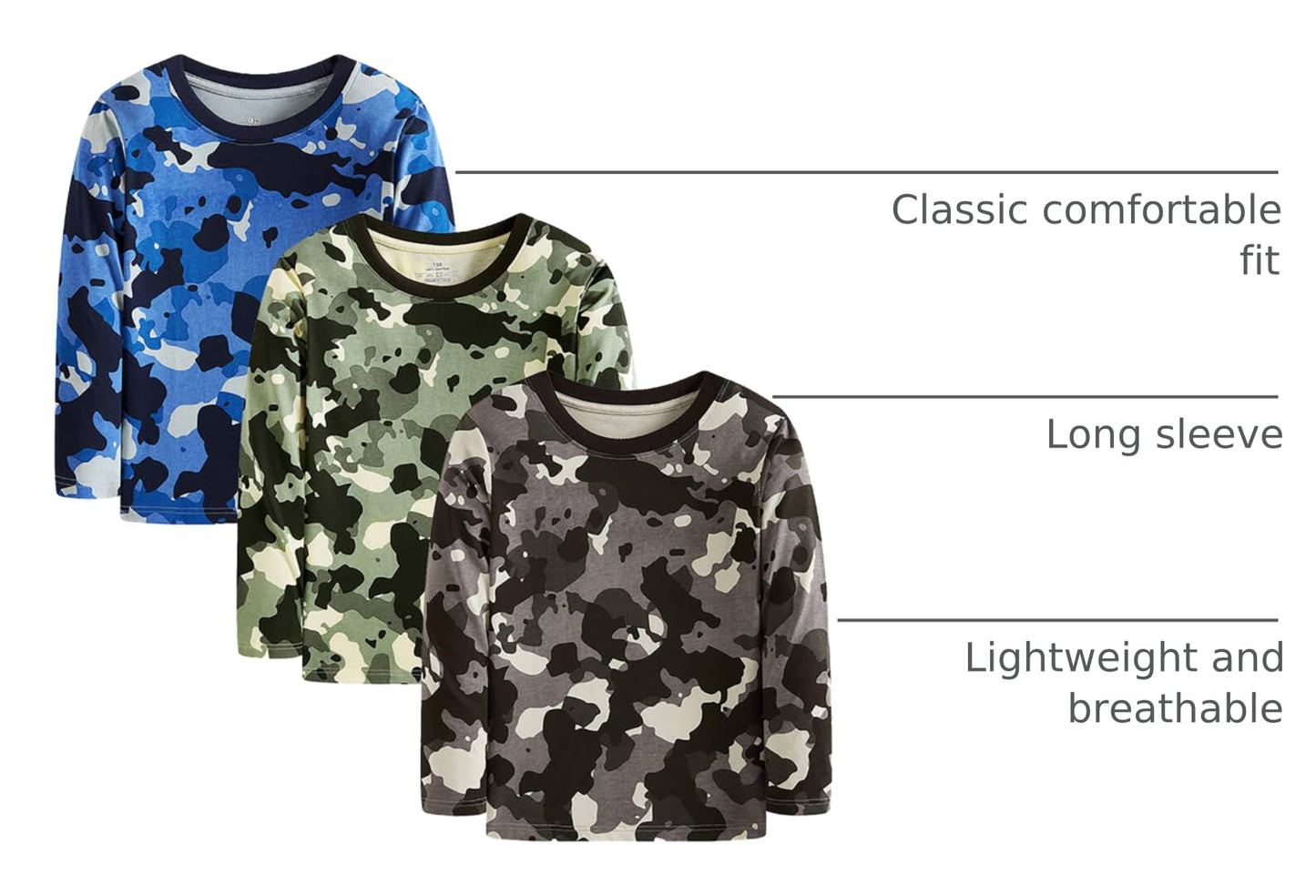 Cadidi Dinos Big Boy's Camo Pattern T-Shirt, Camouflage Long Sleeve Pullover Tops Tees Shirts Cotton Casual Crewneck Print T-Shirts 3 Packs Size 10-11 Years