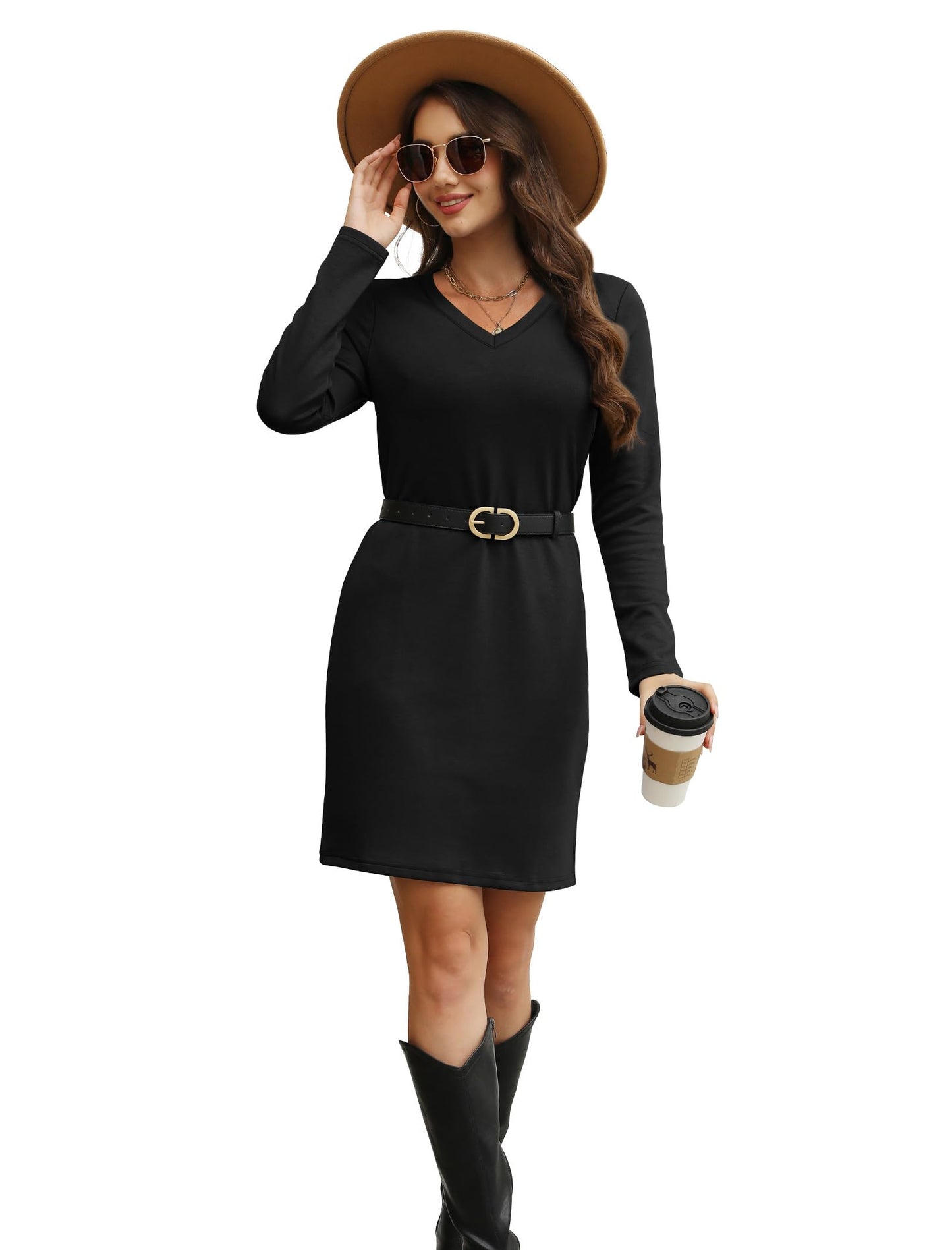 Sampeel Dresses for Women 2025 Casual Long Sleeve Dress Tshirt Work Winter Dresses 2025 Clothes Business Casual Outfits Black L