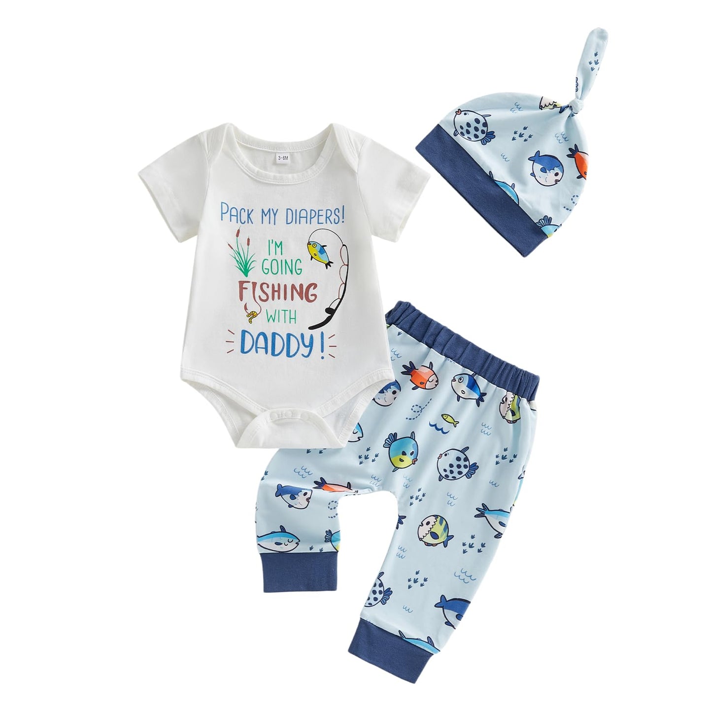 Bagilaanoe 3PCS Summer Outfit Newborn Baby Boy Clothes Fishing with Daddy Short sleeve Romper Pants Hat Set (Blue, 3-6 Months)
