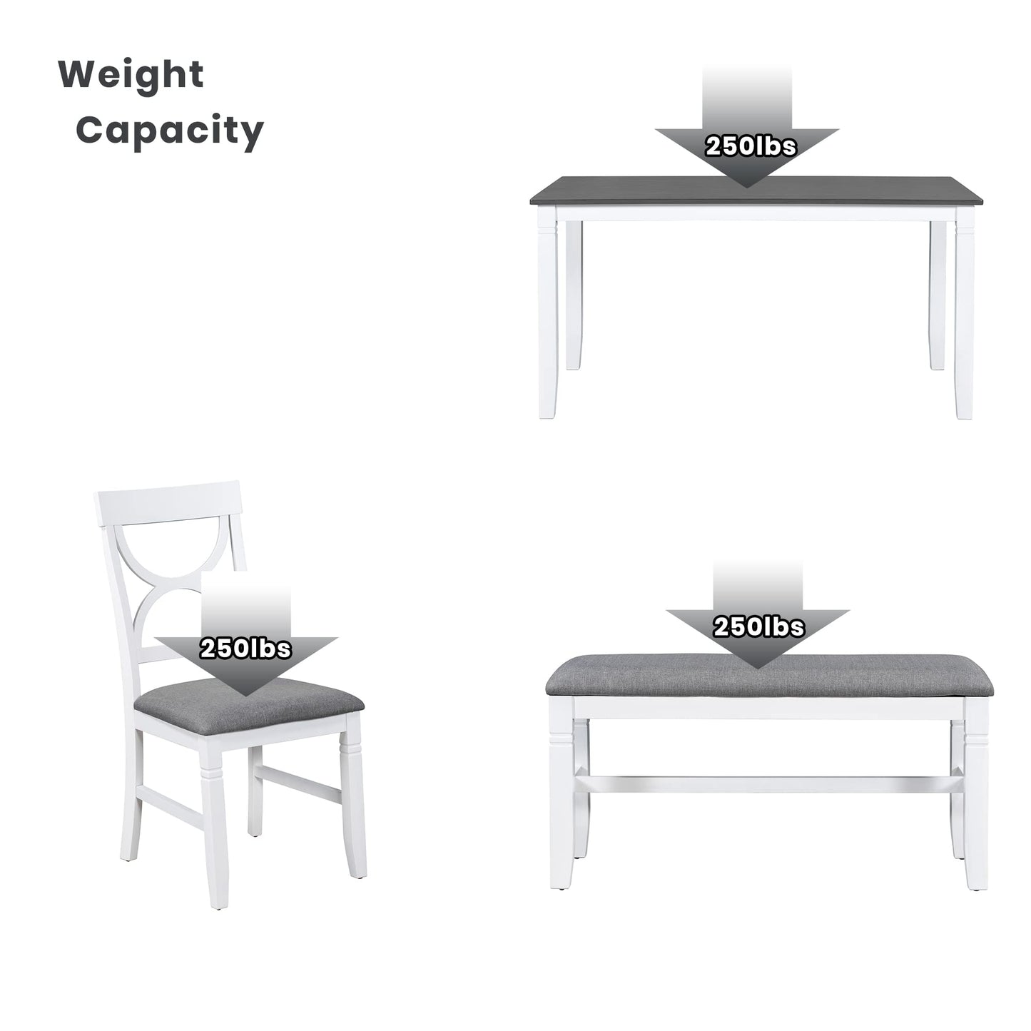 Lostcat Dining Table Set, 6-Piece Wood Kitchen Table Set with Upholstered Bench and 4 Dining Chairs, Farmhouse Style Dining Room Table Set for Kitchen, Living Room, White+Grey