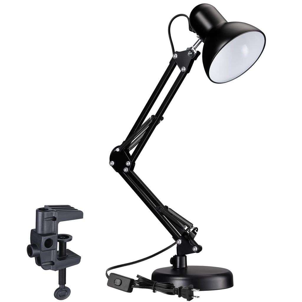 TORCHSTAR Metal Desk Lamp with Clamp, Swing Arm , Architect Adjustable Gooseneck Table Lamp, Clip Desk Lights for Home Office, Work, Study, Reading, E26 Base, Multi-Joint, Black