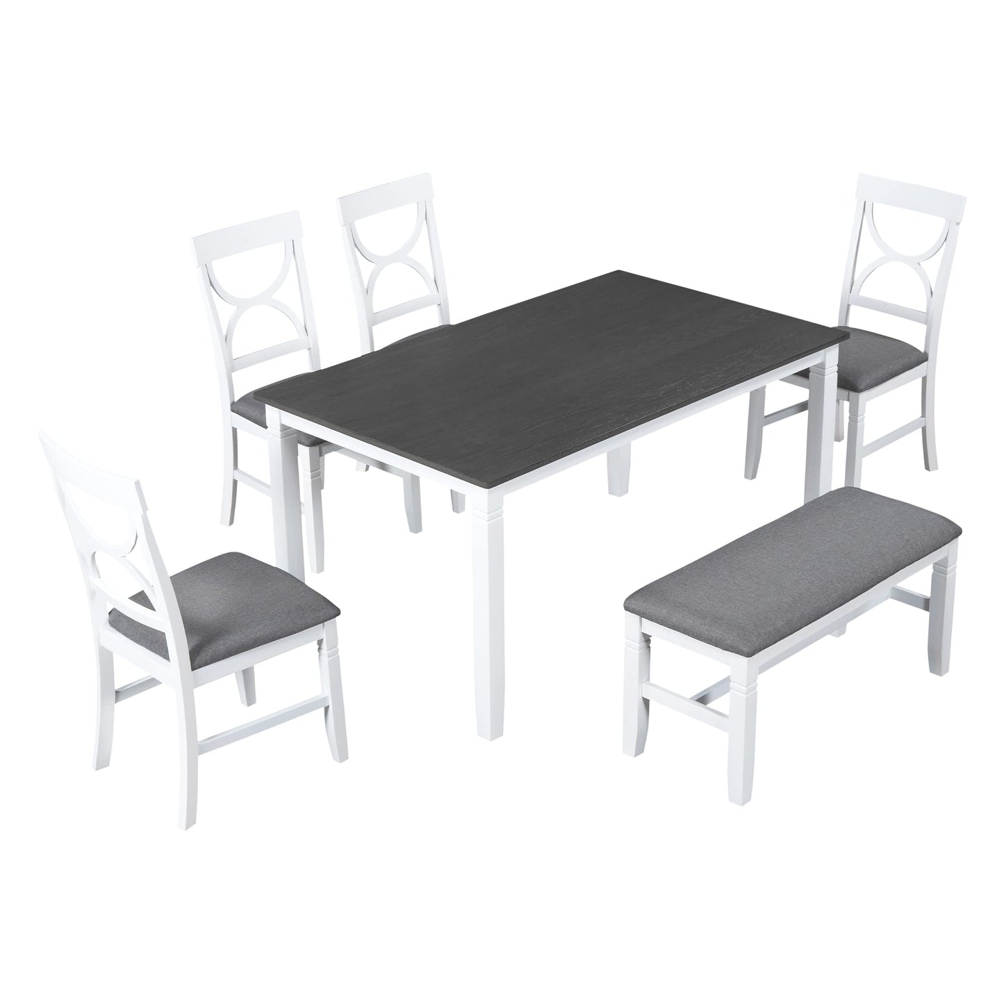 Lostcat Dining Table Set, 6-Piece Wood Kitchen Table Set with Upholstered Bench and 4 Dining Chairs, Farmhouse Style Dining Room Table Set for Kitchen, Living Room, White+Grey