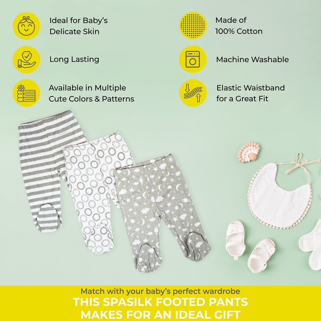 Spasilk Baby Cotton Pull on Footed Pants, 3 Pack Casual Leggings with Feet, Gray Celestial