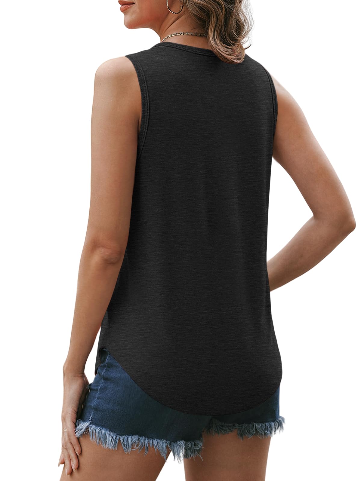 AUTOMET Womens Tank Tops 2026 Button Spring Summer Sleeveless Tee Henley Shirt Square Neck Basic Outfits Clothes Black L