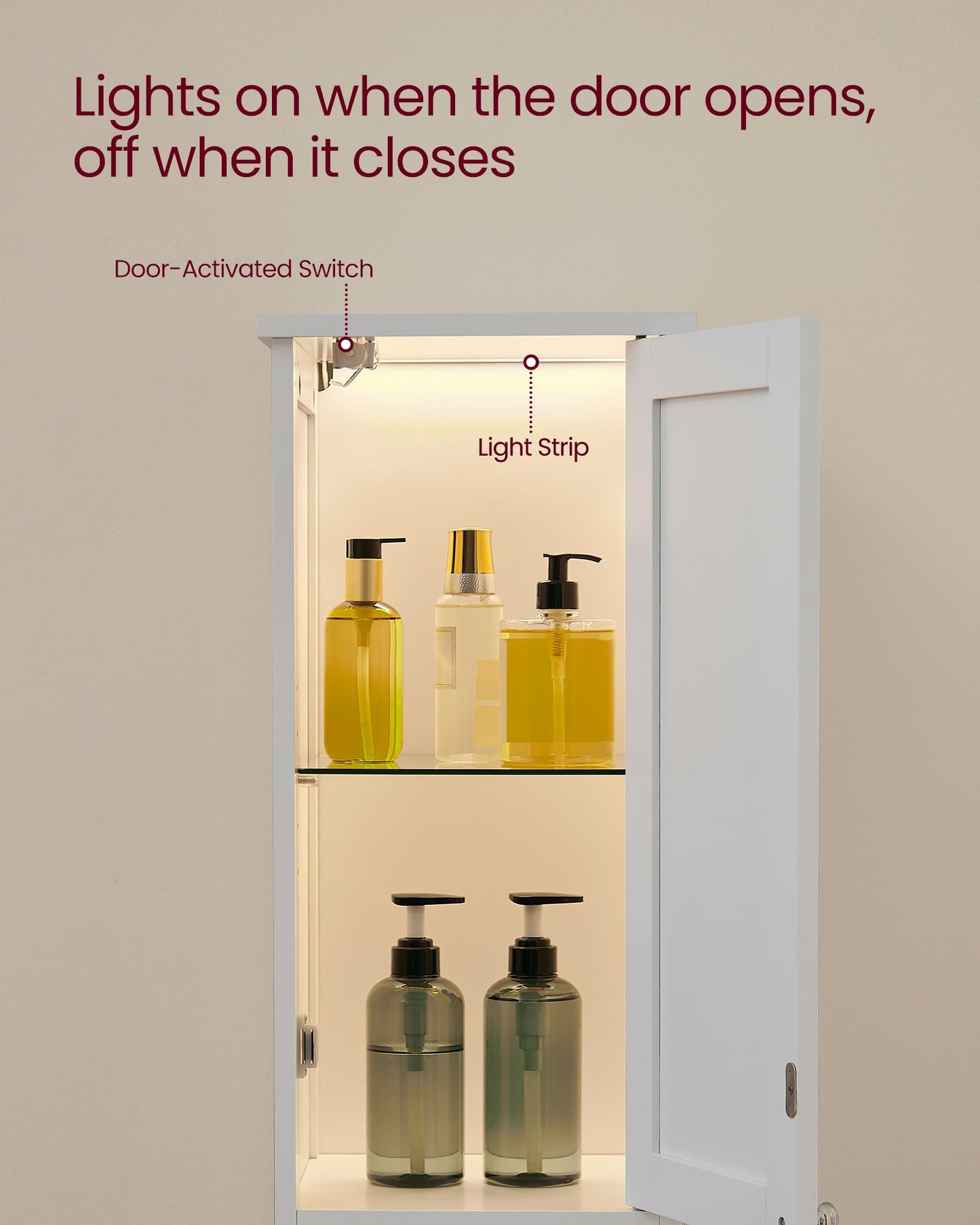 VASAGLE Tall Bathroom Cabinet with Lights, Slim Bathroom Storage Cabinet, Freestanding Narrow Cabinet with Adjustable Shelves, Open compartments, for Small Spaces, Modern, Cloud White UBBC566W02