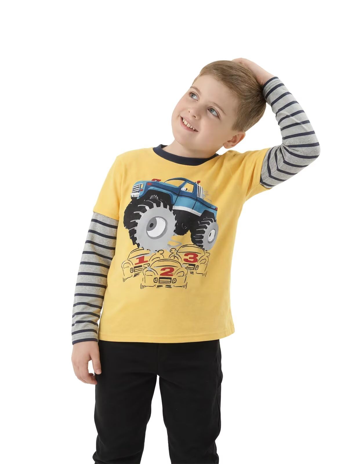 Lollisy Boys Long Sleeve Tshirts Casual Cotton Shirts Graphic Crewneck Tops Tee Shirts for Boys 3 Pack Dinos Car Size 6/6T
