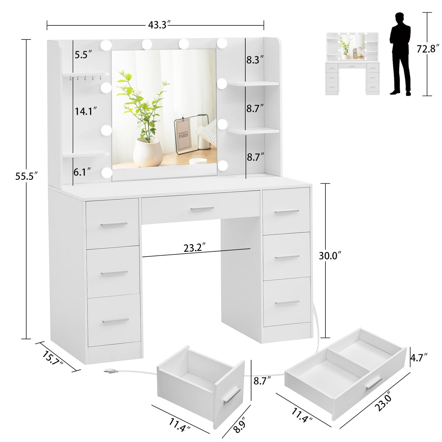 Quimoo Large Vanity Desk with LED Lighted Mirror & Power Outlet,Makeup Vanity Table with 7 Drawers,4 Shelves and 5 Hooks,Vanity Table, Vanity Desk Set for Bedroom,Bathroom,White