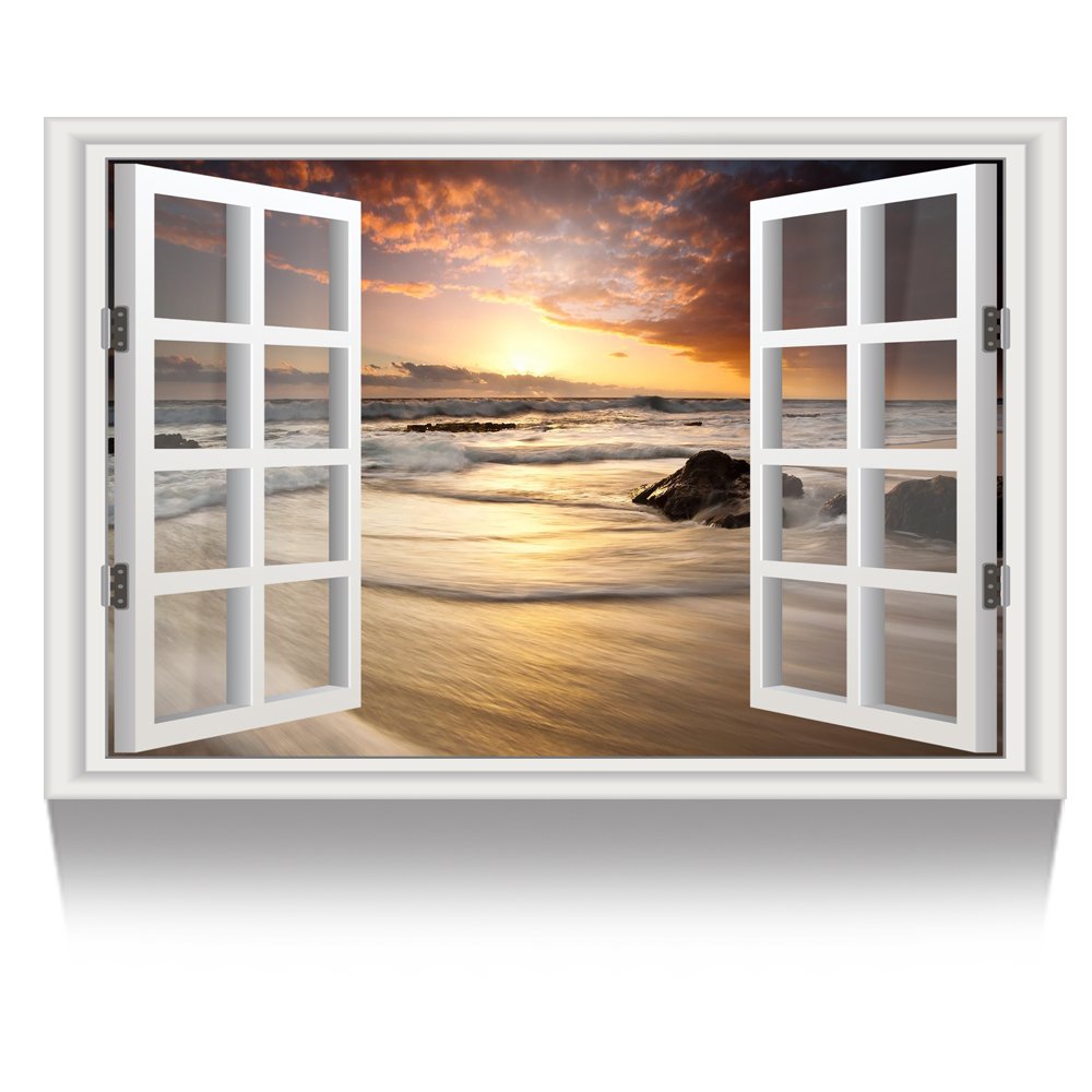 KREATIVE ARTS - Canvas Print Wall Art Window Frame Style Landscape Picture Wall Decor Stretched Giclee Print Gallery Wrap Modern for Home Decoration Ready to Hang (24''x36'', 10.Sunrise on the Sea)