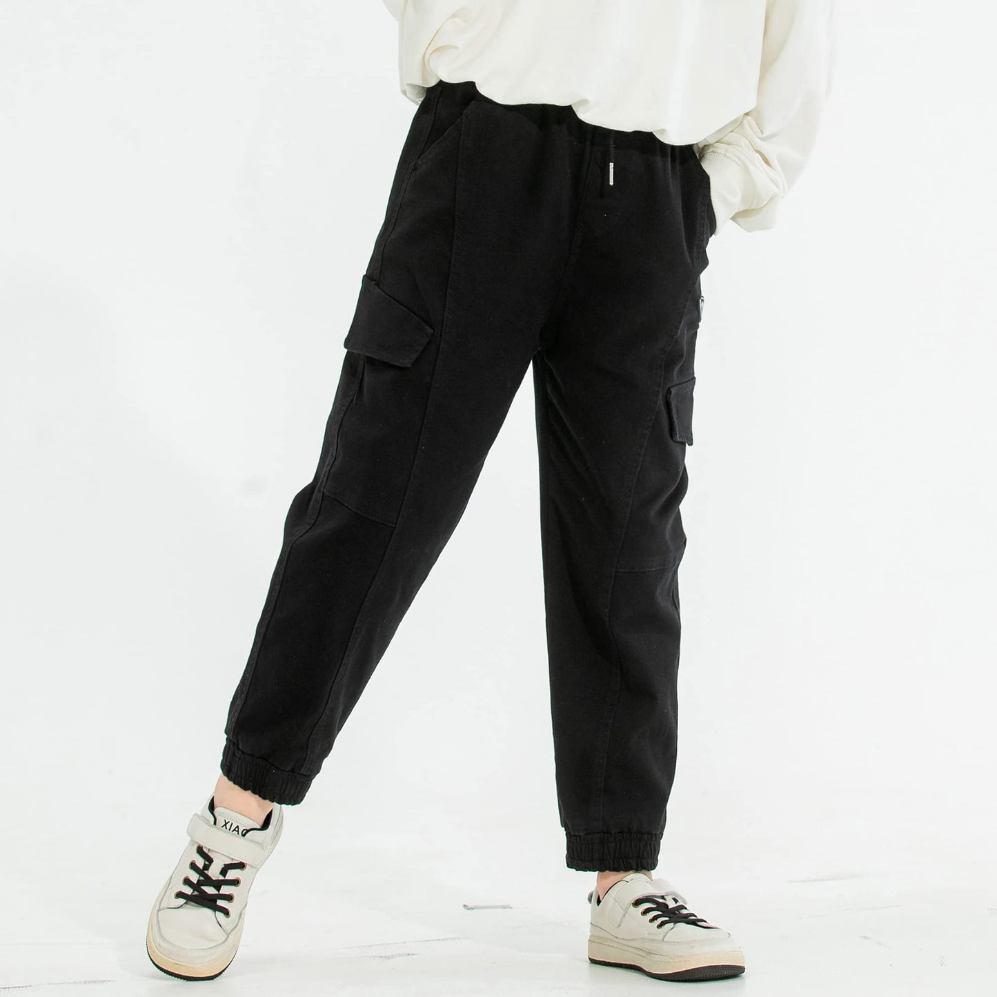 MINI PANDA Girls Pants,Stretchy Loose Fitting Girls Pants Size 6-16 Trendy (as1, Numeric, Numeric_8, Regular, Black, 8)