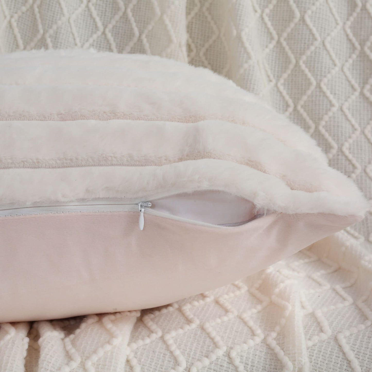 FUTEI Cream White Striped Decorative Throw Pillow Covers 18x18 Inch Set of 2,Square Spring Decorations Couch Pillow Case,Soft Cozy Faux Rabbit Fur & Velvet Back,Modern Home Decor for Bed