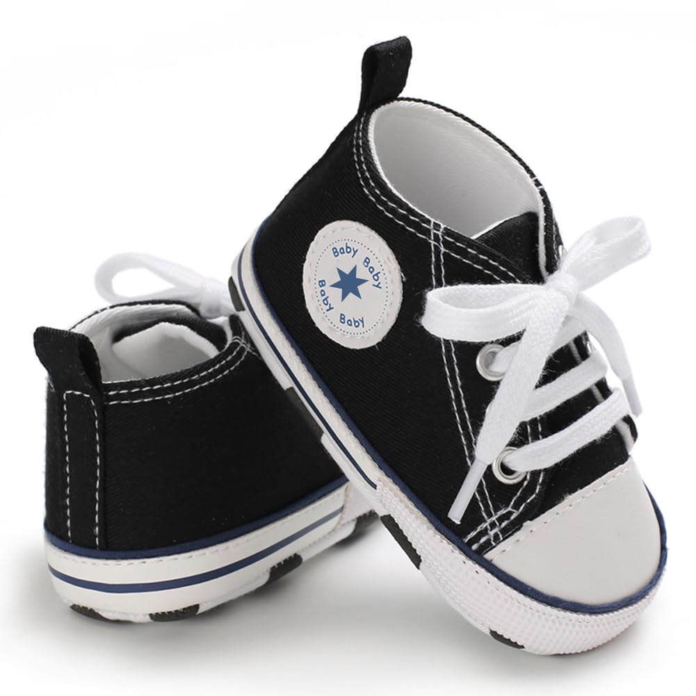 xioqen Unisex Baby Boys Girls Shoes, Newborn Infant Non-Slip Canvas Denim High Top Sneakers, Toddler First Walkers Shoes(01/Black, 0-6 Months