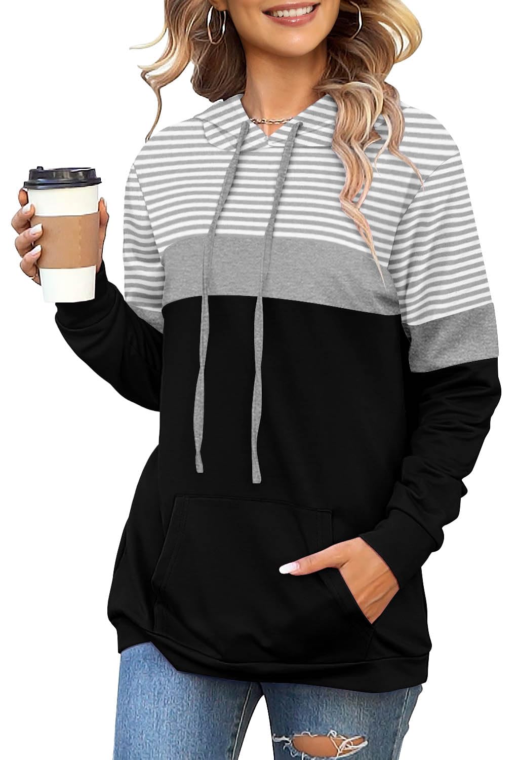 Angerella Women's Color Block Hoodies Fall Long Sleeve Sweatshirt Casual Drawstring Pullover Tops Striped Shirts Black L
