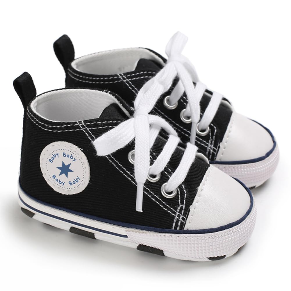 xioqen Unisex Baby Boys Girls Shoes, Newborn Infant Non-Slip Canvas Denim High Top Sneakers, Toddler First Walkers Shoes(01/Black, 0-6 Months